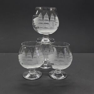 Set Of 4 Vtg Crystal Tuscany Clipper Ship Brandy Glasses Snifters Etched